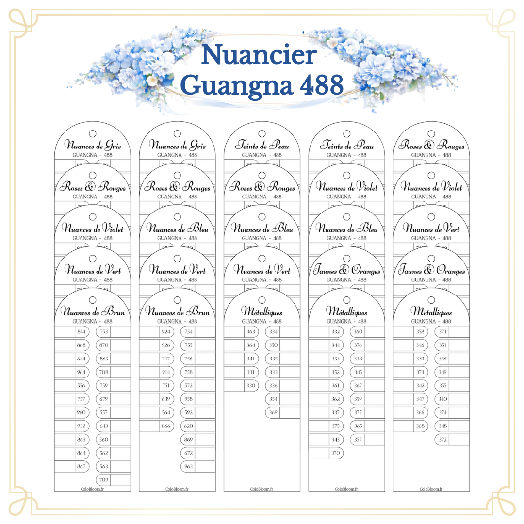 Nuancier Guangna 488 – toutes les cartes de couleurs classées par familles de nuances