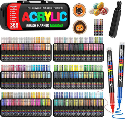 Guangna – 366 Marqueurs Acrylique – Sacoche | ColoBloom – 366 marqueurs acrylique en sacoche de transport, pointe brush 1 à 5 mm, encre permanente sur tous supports.