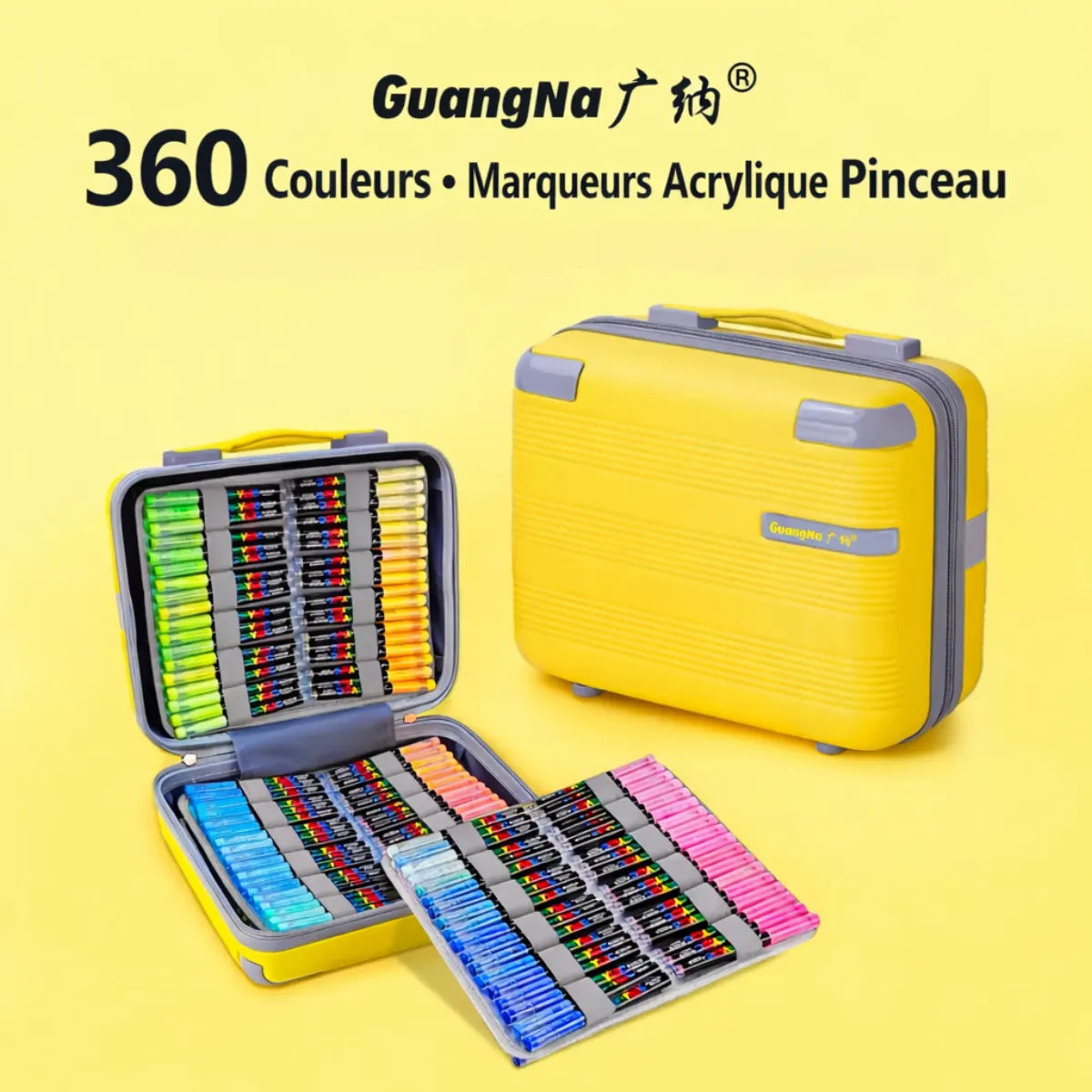 Guangna – 360 Marqueurs Acrylique – Valise | ColoBloom – 360 marqueurs acrylique dans une valise jaune iconique, encre permanente sur tous supports.