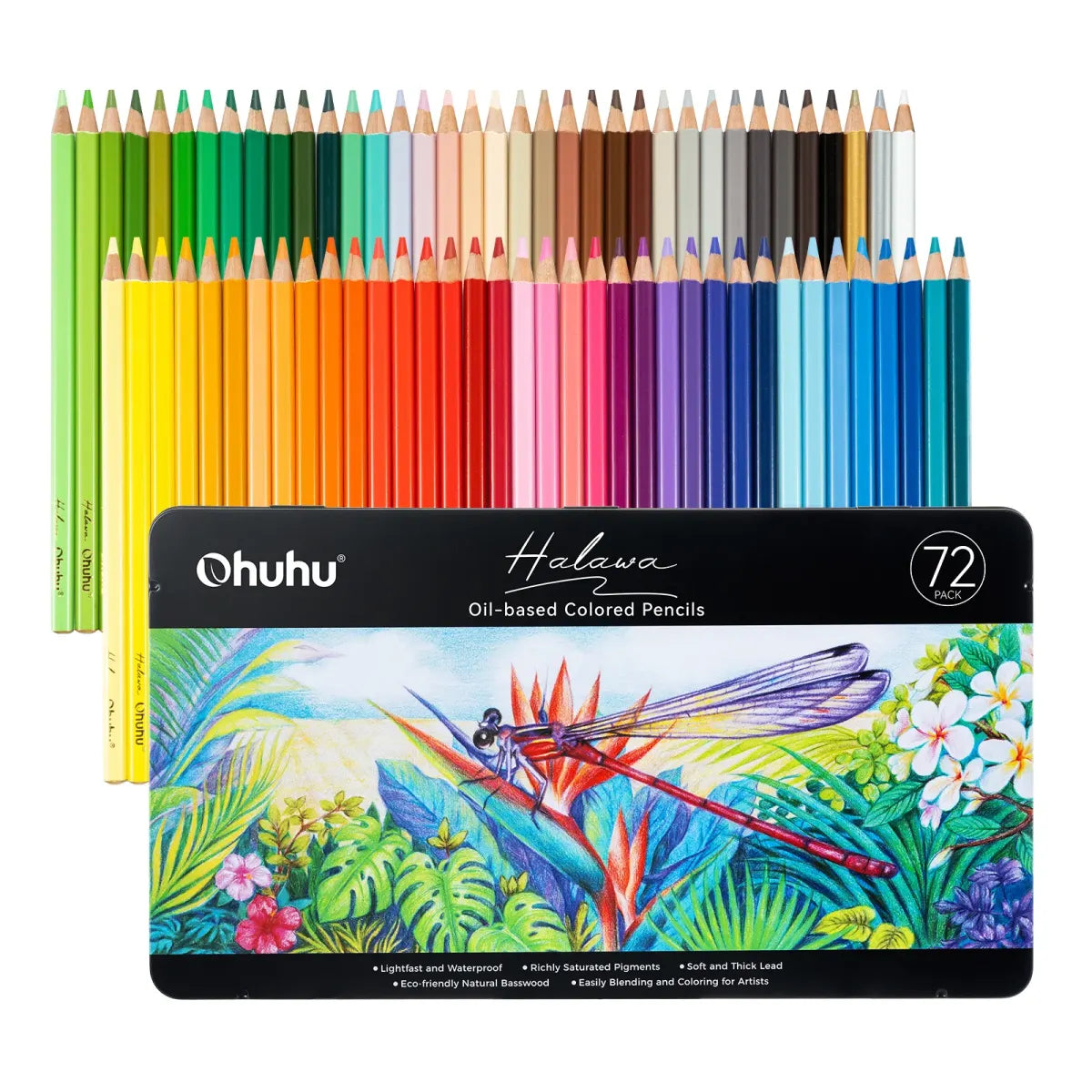 Ohuhu – 72 Crayons de Couleur | ColoBloom – 72 crayons à mine huile, dont 2 métalliques, corps en bois de tilleul, boîte métallique incluse.