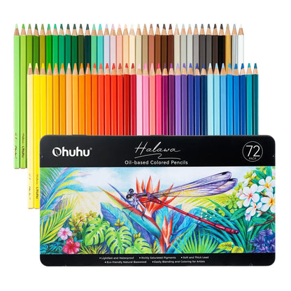 Ohuhu – 72 Crayons de Couleur | ColoBloom – 72 crayons à mine huile, dont 2 métalliques, corps en bois de tilleul, boîte métallique incluse.