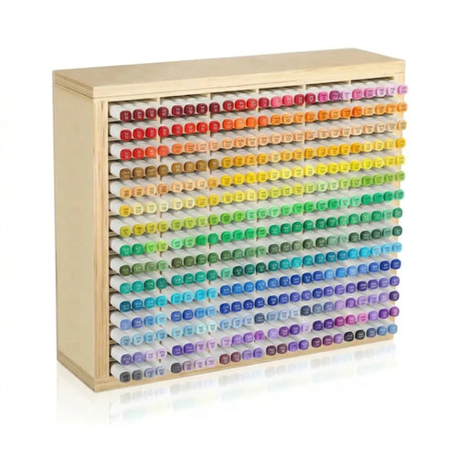 Organisateur Marqueurs – 360 à 450 Emplacements | ColoBloom – Rangement en bois hêtre et pin, 90 compartiments, jusqu'à 450 emplacements, compatible toutes marques.