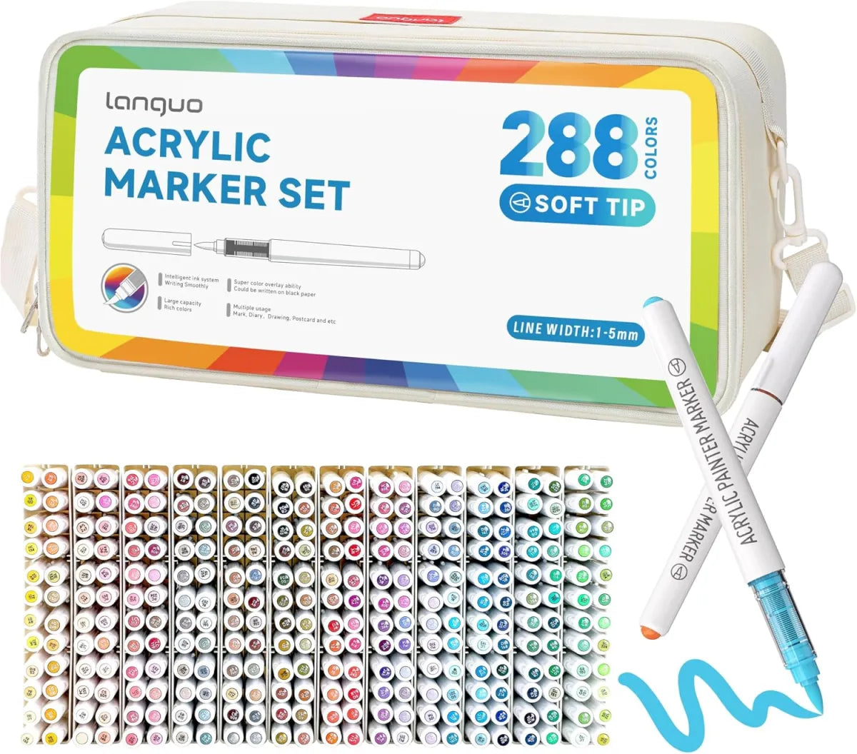 Languo – Marqueurs Acrylique | ColoBloom – Marqueurs acrylique double pointe brush 1-5mm, disponibles en gamme 240 ou 288 couleurs, sacoche incluse.