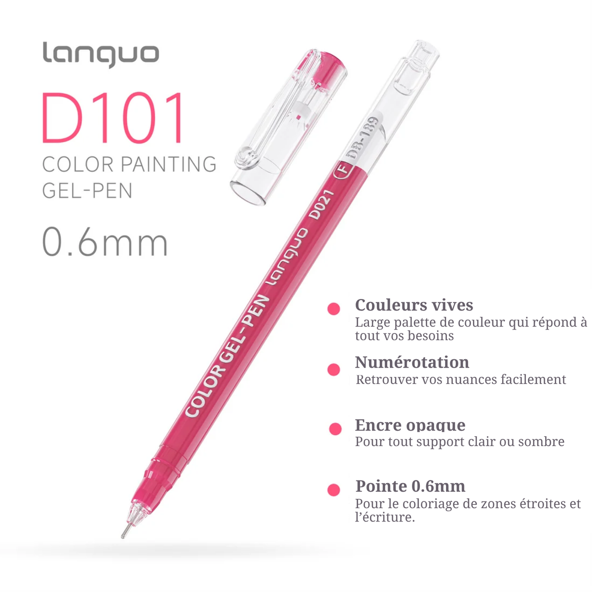Gros plan sur un stylo gel Languo D101 0,6 mm à corps transparent, capuchon retiré