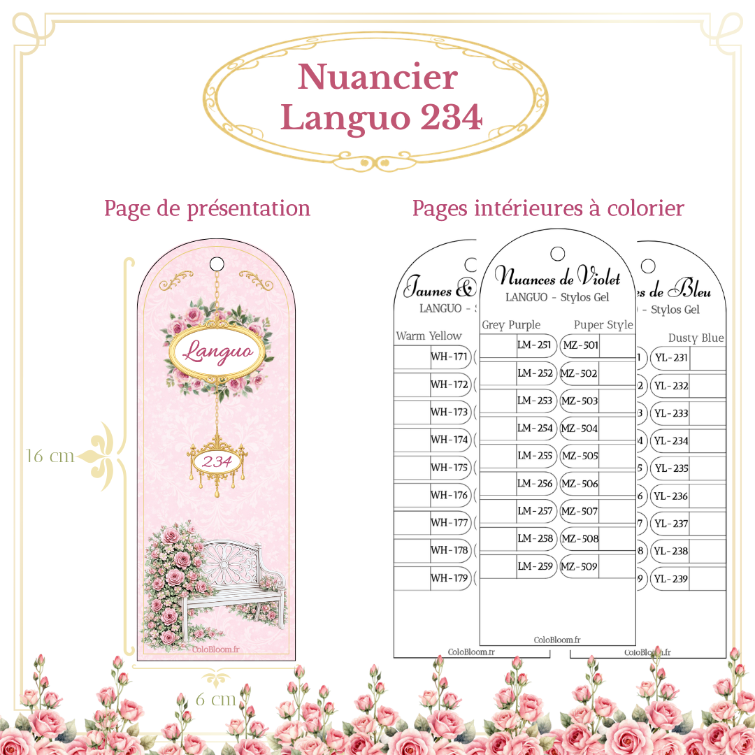 Nuancier stylos gel Languo 234 couleurs – page de présentation et pages intérieures à colorier | ColoBloom