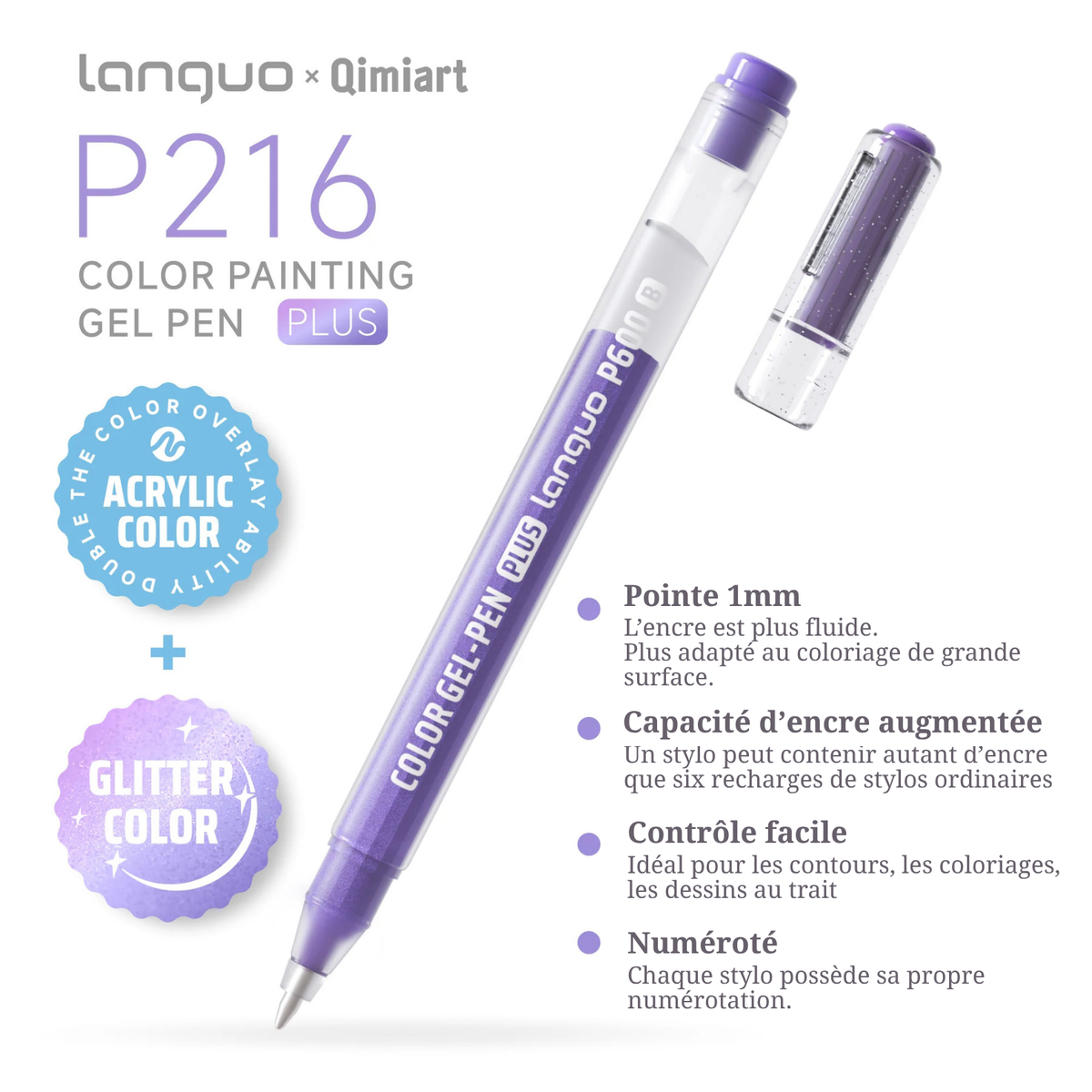 Gros plan sur un stylo gel Languo x Qimiart P216 PLUS 1 mm à corps transparent, encre acrylique violette