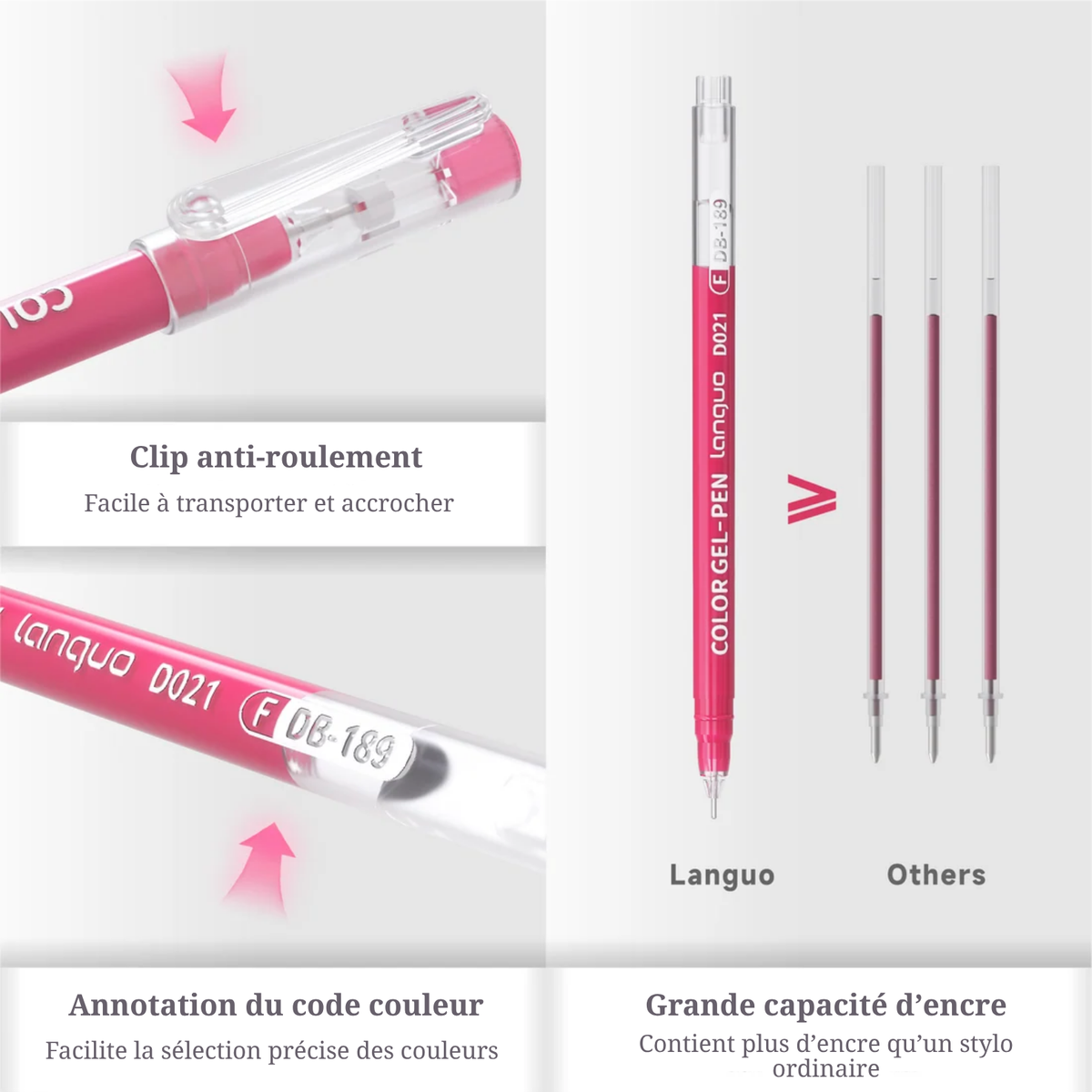 Détails d'un stylo gel Languo 0,6 mm : clip anti-roulement et pointe fine, avec plusieurs stylos