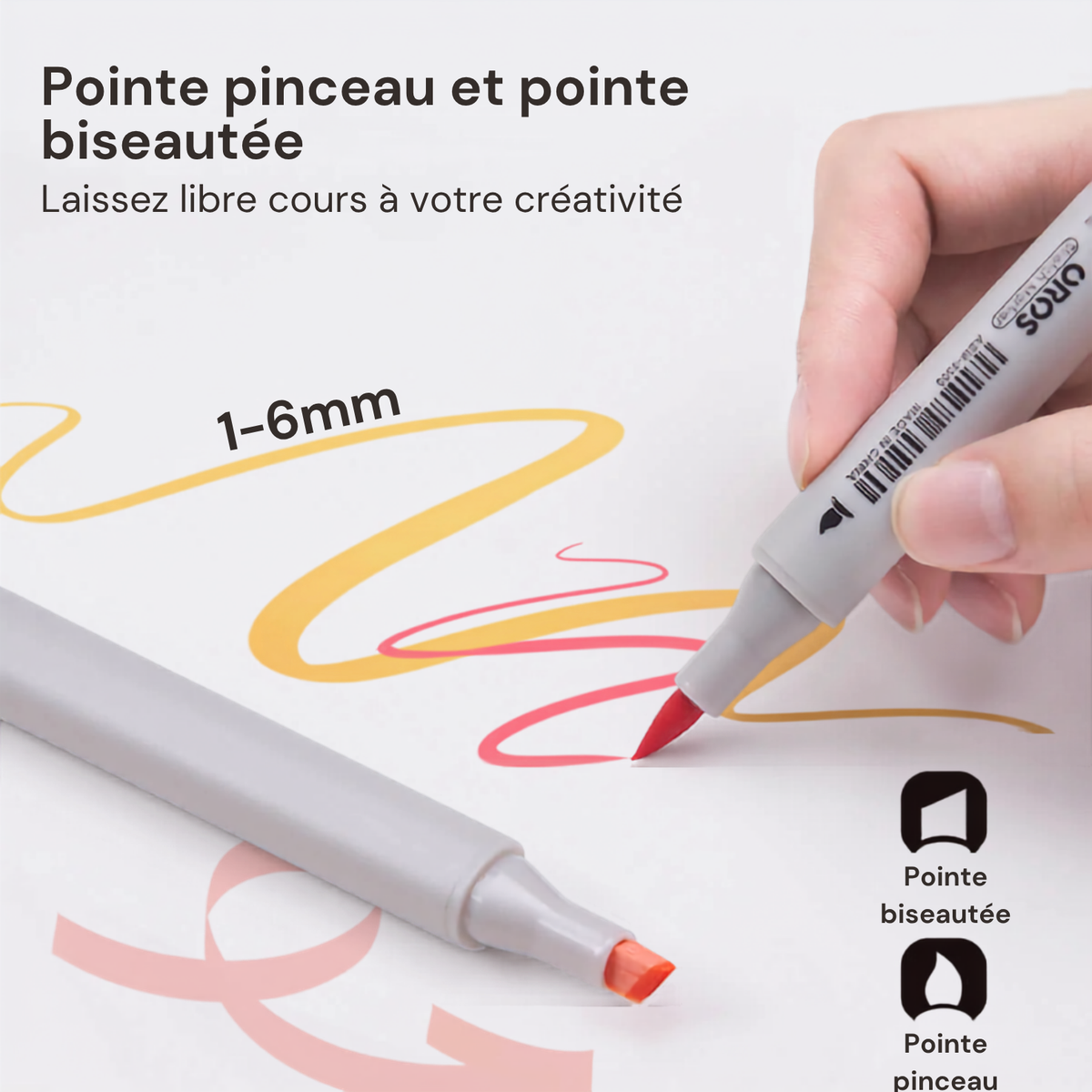 Marqueur Arrtx OROS en main : double pointe pinceau et biseautée, tracés de 1 à 6 mm