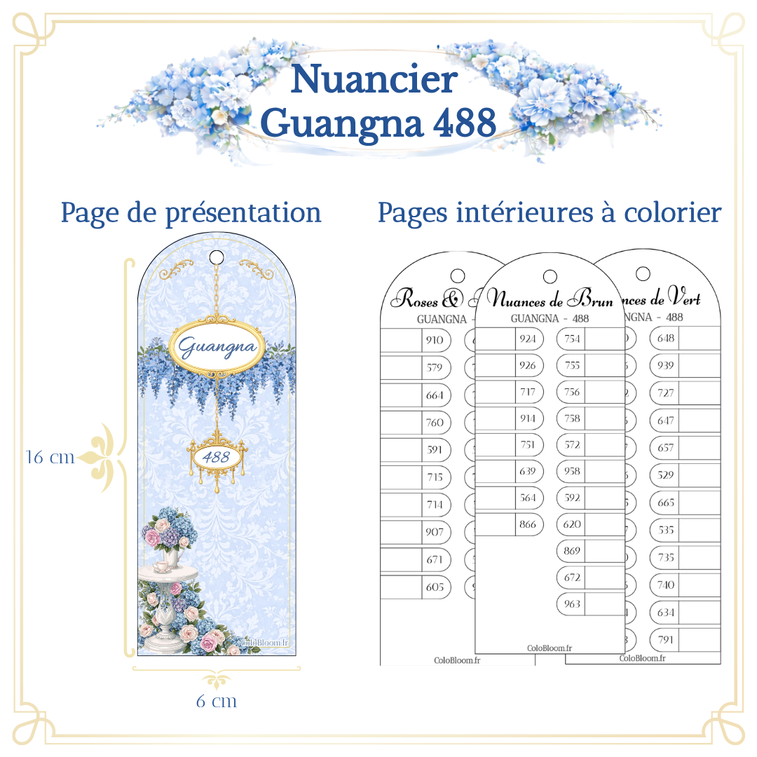 Nuancier Guangna 488 – page de présentation et pages intérieures à colorier, 16 × 6 cm
