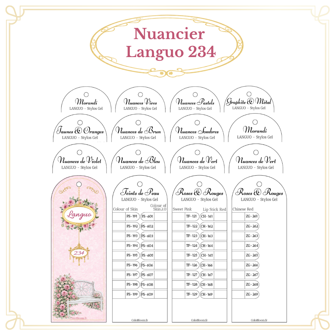 Nuancier stylos gel Languo 234 couleurs – vue de toutes les familles de nuances | ColoBloom