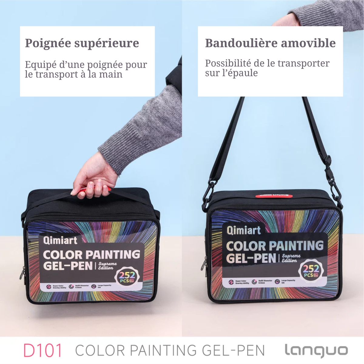 Trousse des stylos gel Languo x Qimiart portée à la main par sa poignée et à l'épaule par sa bandoulière amovible