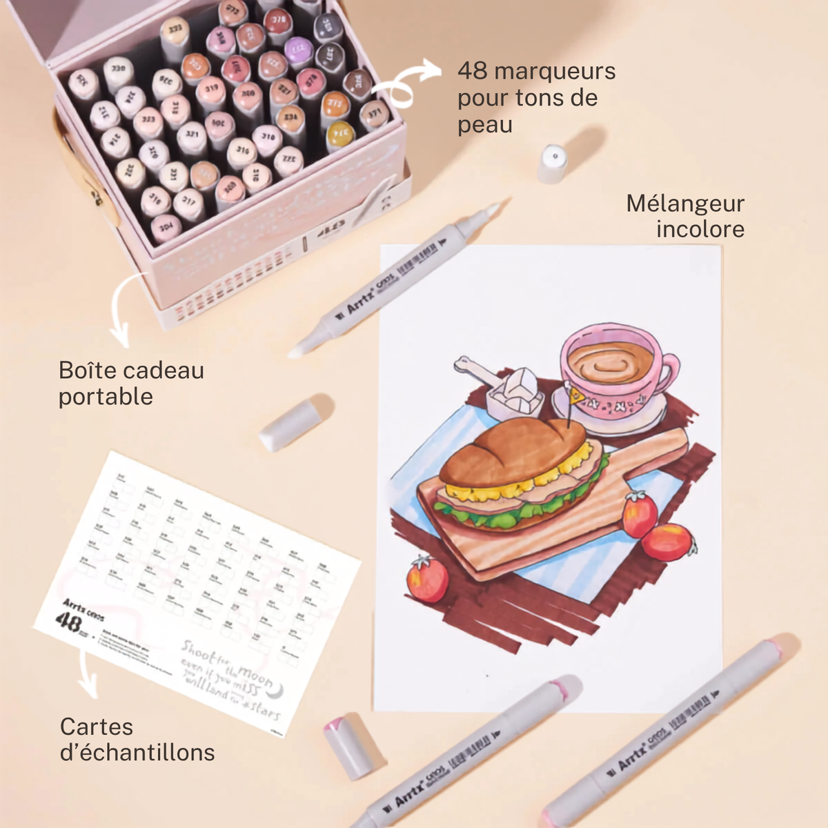 Coffret cadeau portable des marqueurs Arrtx OROS couleurs de peau avec mélangeur incolore et cartes d'échantillons