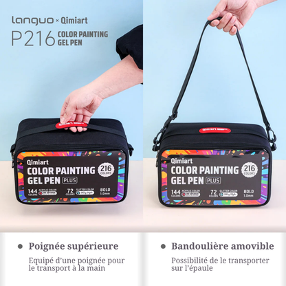 Trousse des stylos gel Languo x Qimiart P216 transportée par sa poignée supérieure et par sa bandoulière amovible