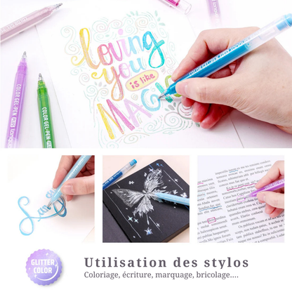 Lettrage coloré « loving you is like magic » réalisé aux stylos gel Languo PLUS 1 mm, avec une main qui écrit au stylo pailleté bleu