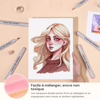 Portrait dessiné aux marqueurs à alcool Arrtx OROS couleurs de peau, encre facile à mélanger et non toxique