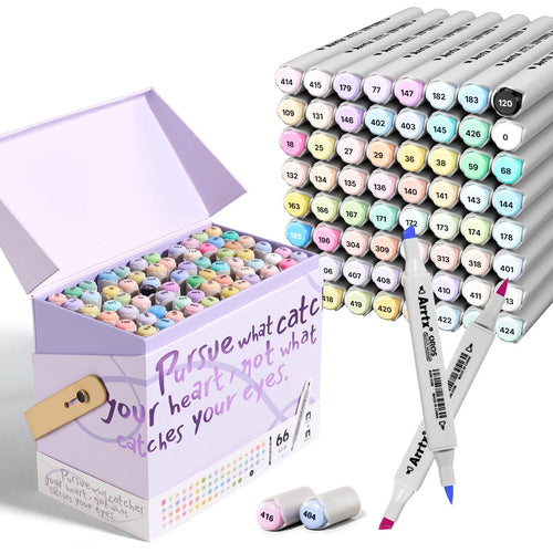 Coffret lavande ouvert des 66 marqueurs à alcool Arrtx OROS pastel, avec un marqueur double pointe