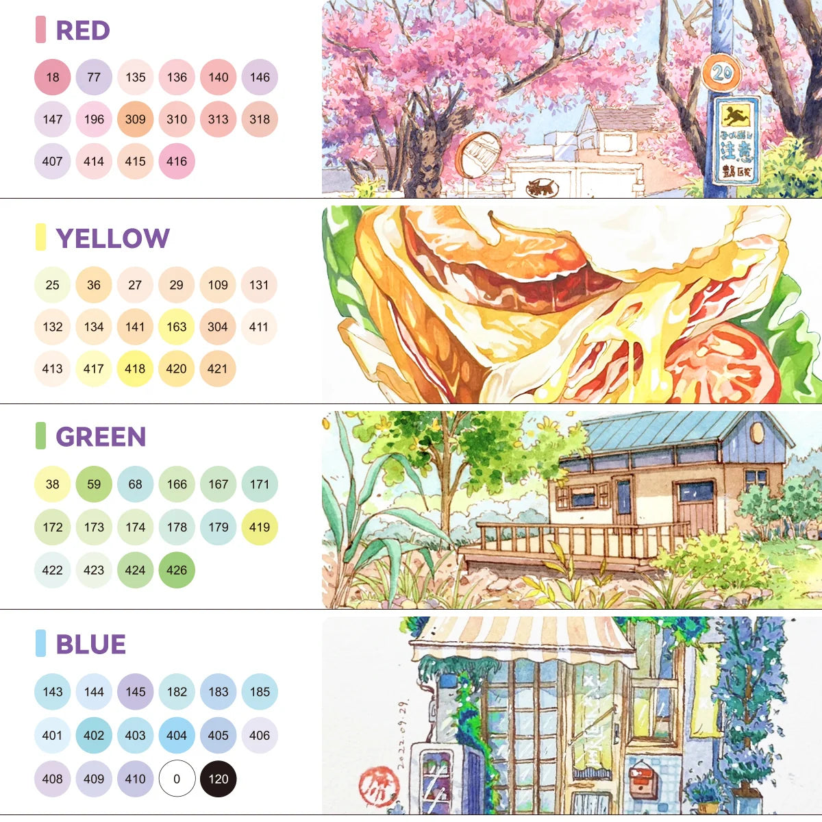 Familles de couleurs des marqueurs Arrtx OROS pastel et exemples d'illustrations
