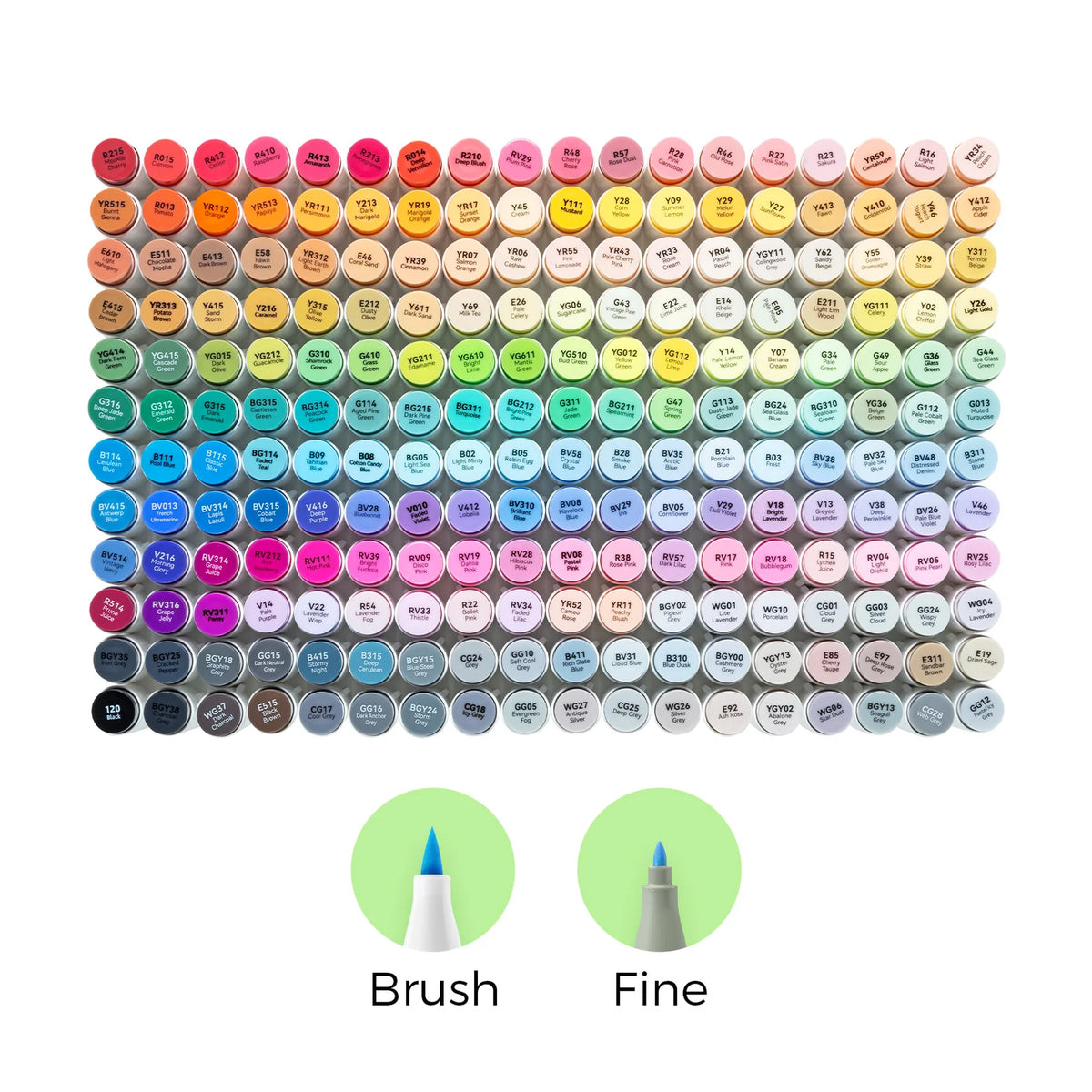 Palette des 216 marqueurs à alcool Ohuhu Honolulu B et schéma des pointes brush et fine