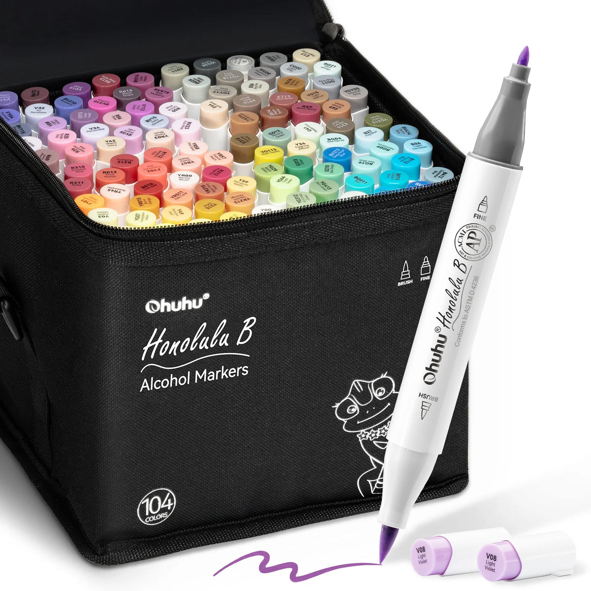Étui noir du set de marqueurs à alcool Ohuhu Honolulu B 104 couleurs, avec un marqueur double pointe et des pointes de rechange