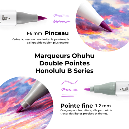Marqueur double pointe Ohuhu Honolulu B : pinceau 1-6 mm et pointe fine 1-2 mm, avec exemples de tracés