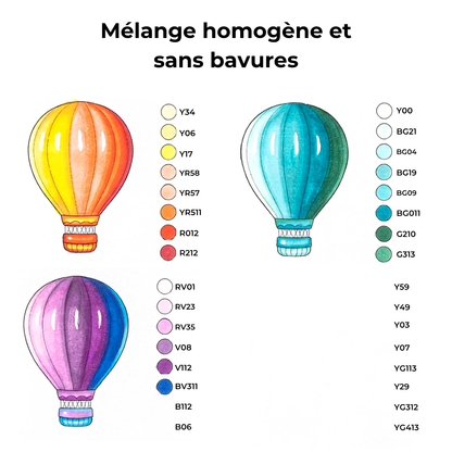 Démonstration de mélange homogène aux marqueurs alcool Ohuhu : montgolfières en dégradé, avec codes couleur