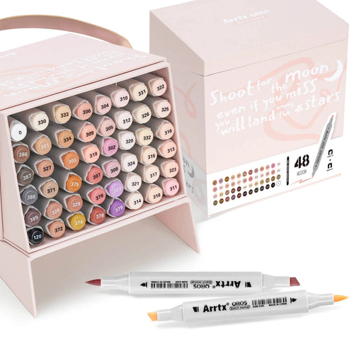 Coffret-présentoir rose des 48 marqueurs à alcool Arrtx OROS couleurs de peau, avec un marqueur double pointe