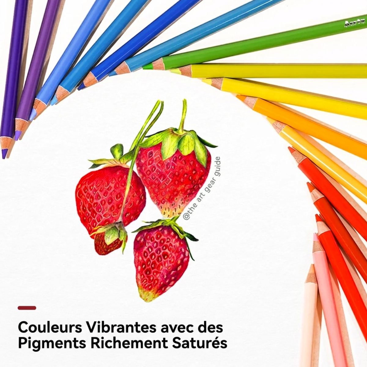 Dessin de fraises réalisé aux crayons de couleur Arrtx, couleurs vives et pigments saturés