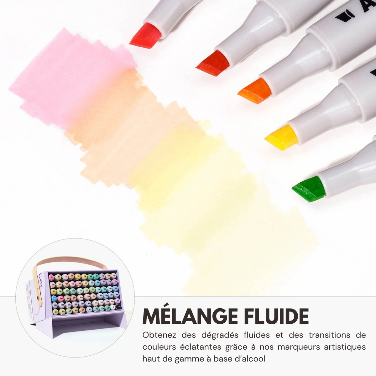 Dégradés de teintes pastel réalisés aux marqueurs à alcool Arrtx OROS, mélange fluide