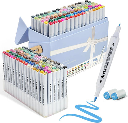 Coffret cadeau bleu des 90 marqueurs à alcool Arrtx double pointe brush et fine, avec un marqueur