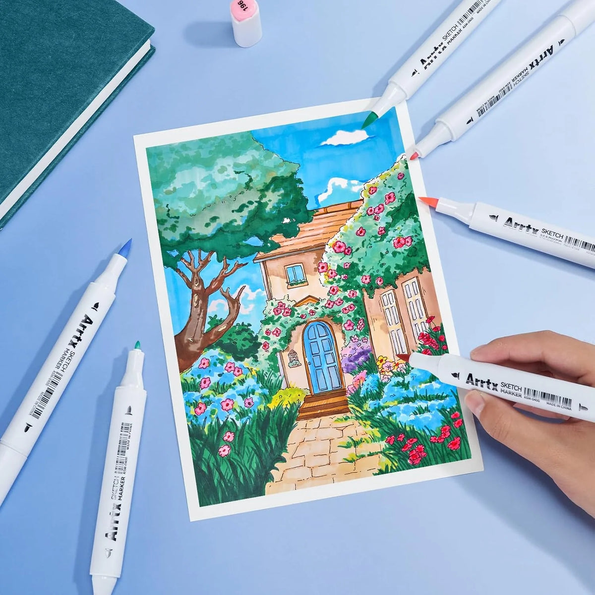 Illustration d'un jardin fleuri coloriée aux marqueurs à alcool Arrtx 90 brush et fine