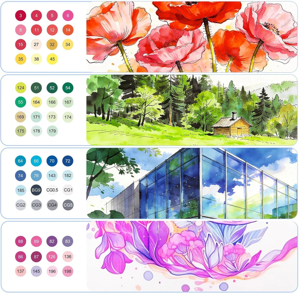 Familles de couleurs des marqueurs Arrtx 90 brush et fine et exemples d'illustrations