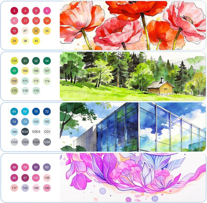 Familles de couleurs des marqueurs Arrtx 90 brush et fine et exemples d'illustrations