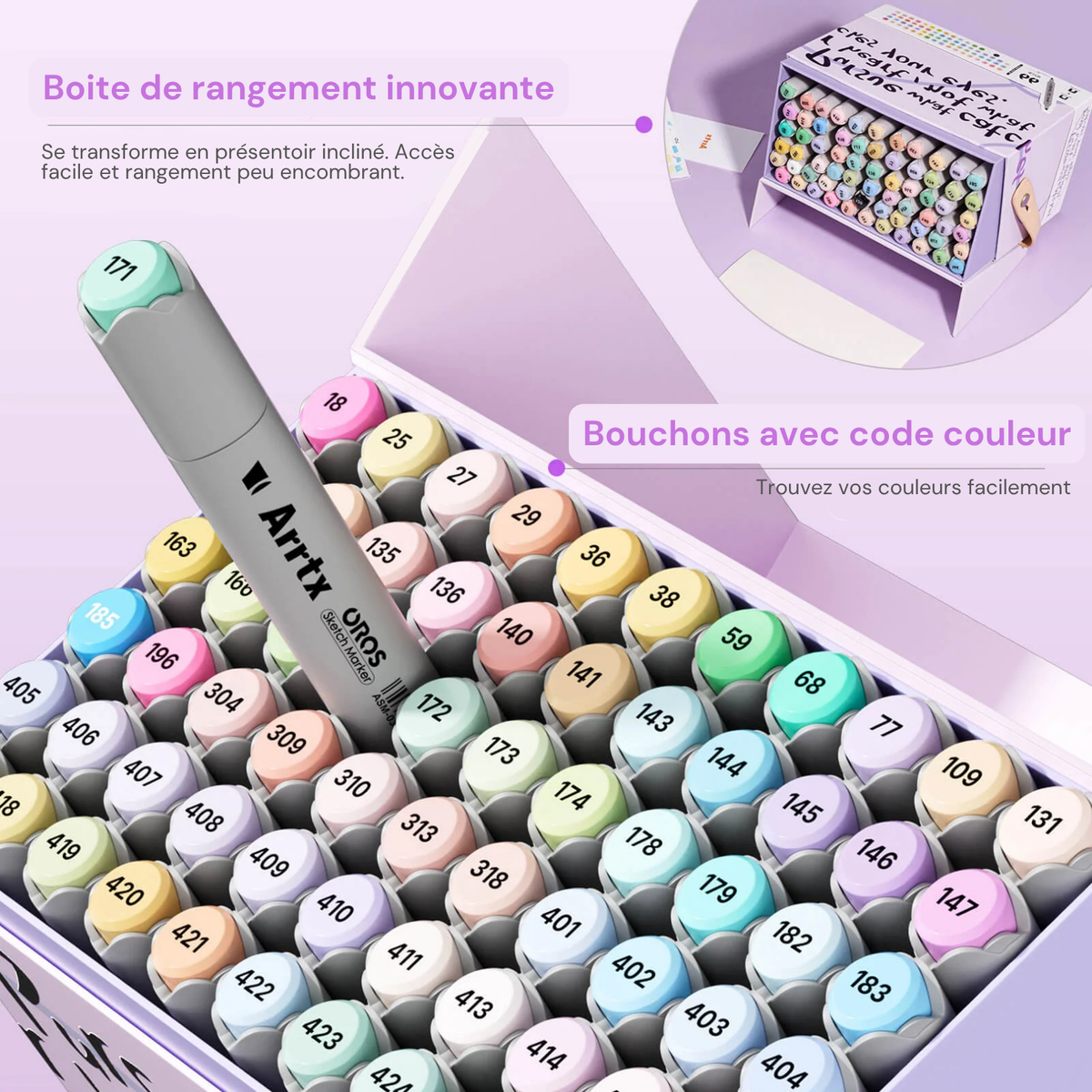 Boîte de rangement des marqueurs Arrtx OROS pastel qui se transforme en présentoir incliné, capuchons à code couleur