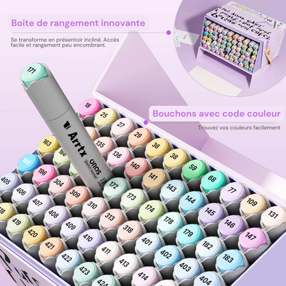 Boîte de rangement des marqueurs Arrtx OROS pastel qui se transforme en présentoir incliné, capuchons à code couleur