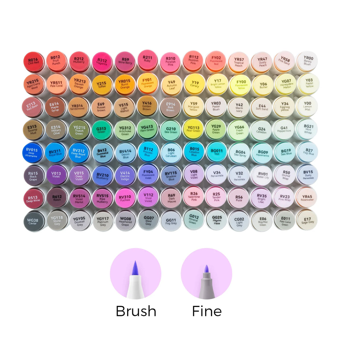 Palette des 104 marqueurs à alcool Ohuhu Honolulu B et schéma des pointes brush et fine