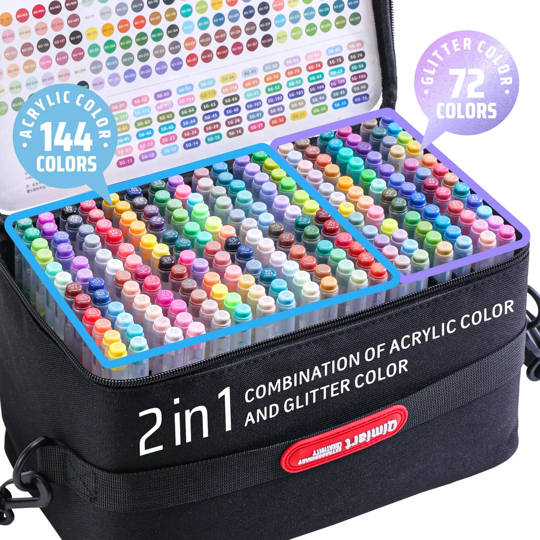 Trousse à double compartiment des 216 stylos gel Languo x Qimiart PLUS 1 mm, ouverte sur les deux plateaux : 144 couleurs acryliques et 72 pailletées