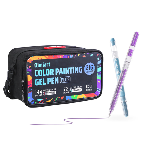 Set Languo x Qimiart 216 stylos gel PLUS pointe 1 mm, 144 couleurs acryliques et 72 pailletées, avec sa trousse noire et deux stylos à corps transparent