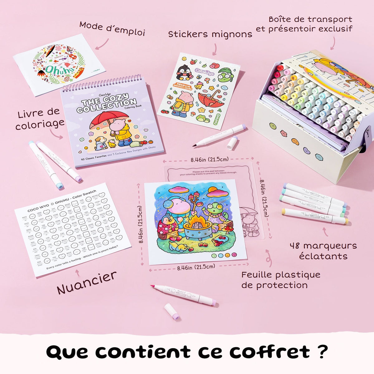 Contenu du coffret Ohuhu x Coco Wyo : notice, livre de coloriage à spirale, planche de stickers, boîte de transport, nuancier, feuille plastique de 21,5 cm et 48 marqueurs