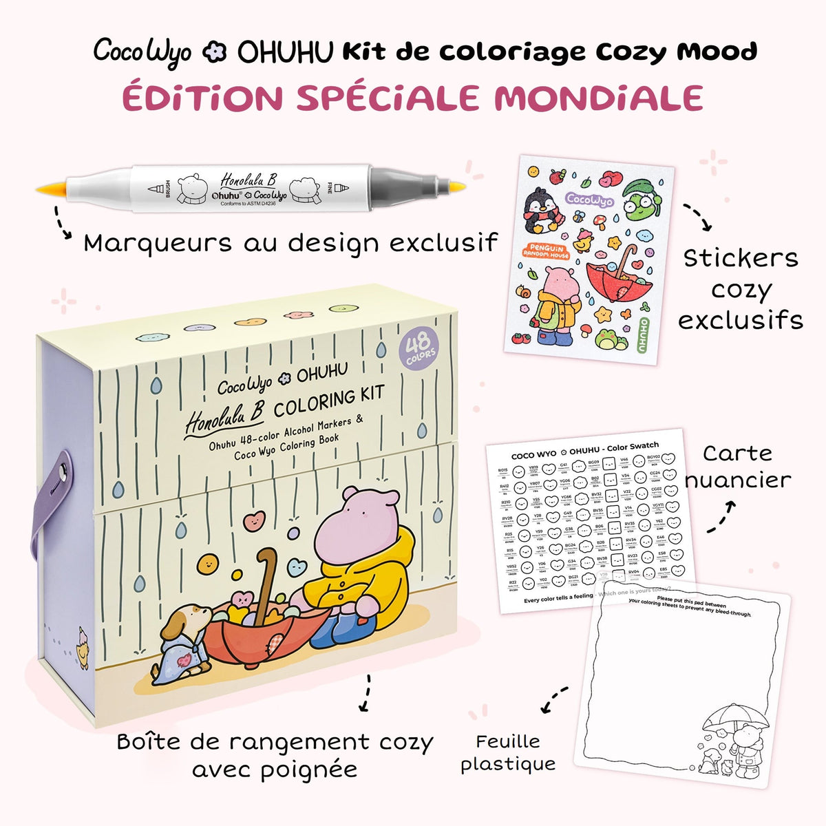 Édition spéciale mondiale Coco Wyo x Ohuhu : marqueur au design exclusif, boîte de rangement avec poignée, stickers cozy, carte nuancier et feuille plastique