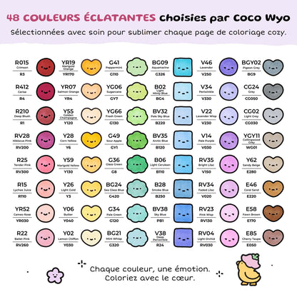 Nuancier des 48 couleurs Ohuhu Honolulu B choisies par Coco Wyo, avec le code et le nom de chaque teinte