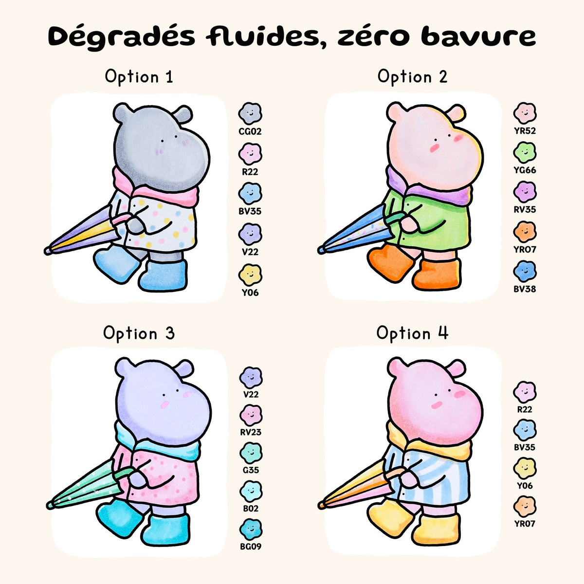 Quatre mises en couleur d'un hippopotame Coco Wyo aux marqueurs Ohuhu, dégradés fluides et sans bavure