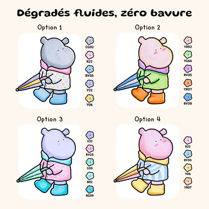 Quatre mises en couleur d'un hippopotame Coco Wyo aux marqueurs Ohuhu, dégradés fluides et sans bavure