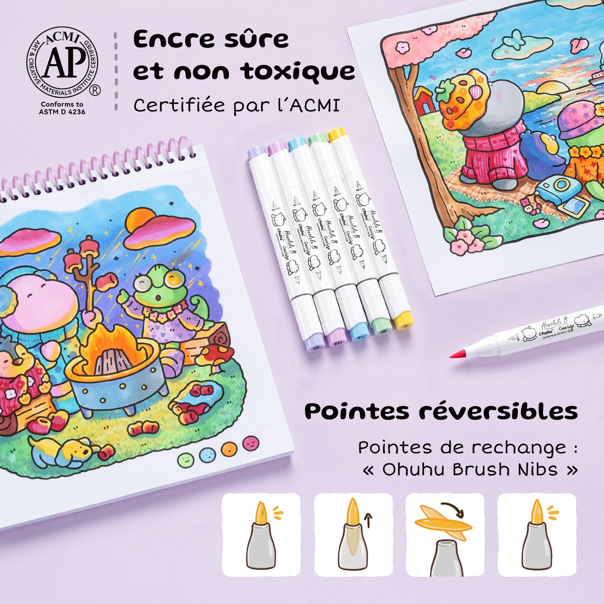 Encre non toxique certifiée ACMI (ASTM D 4236) et pointes pinceau réversibles des marqueurs Ohuhu x Coco Wyo