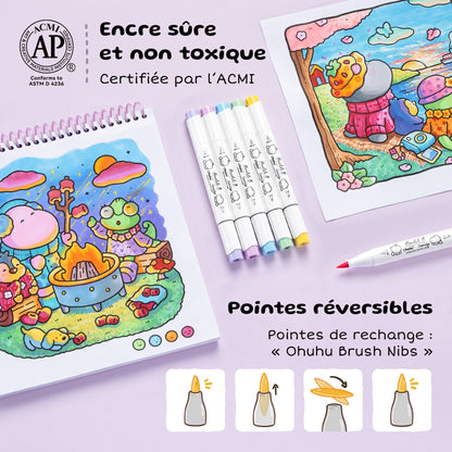 Encre non toxique certifiée ACMI (ASTM D 4236) et pointes pinceau réversibles des marqueurs Ohuhu x Coco Wyo