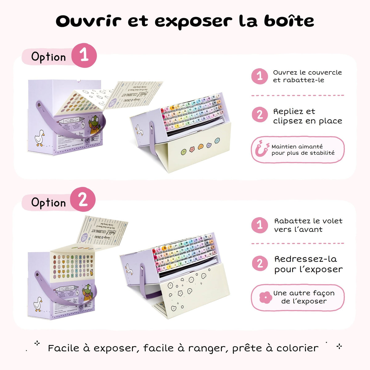 Deux façons d'ouvrir et d'exposer la boîte Ohuhu x Coco Wyo, maintenue par un support aimanté