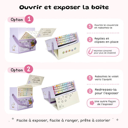 Deux façons d'ouvrir et d'exposer la boîte Ohuhu x Coco Wyo, maintenue par un support aimanté