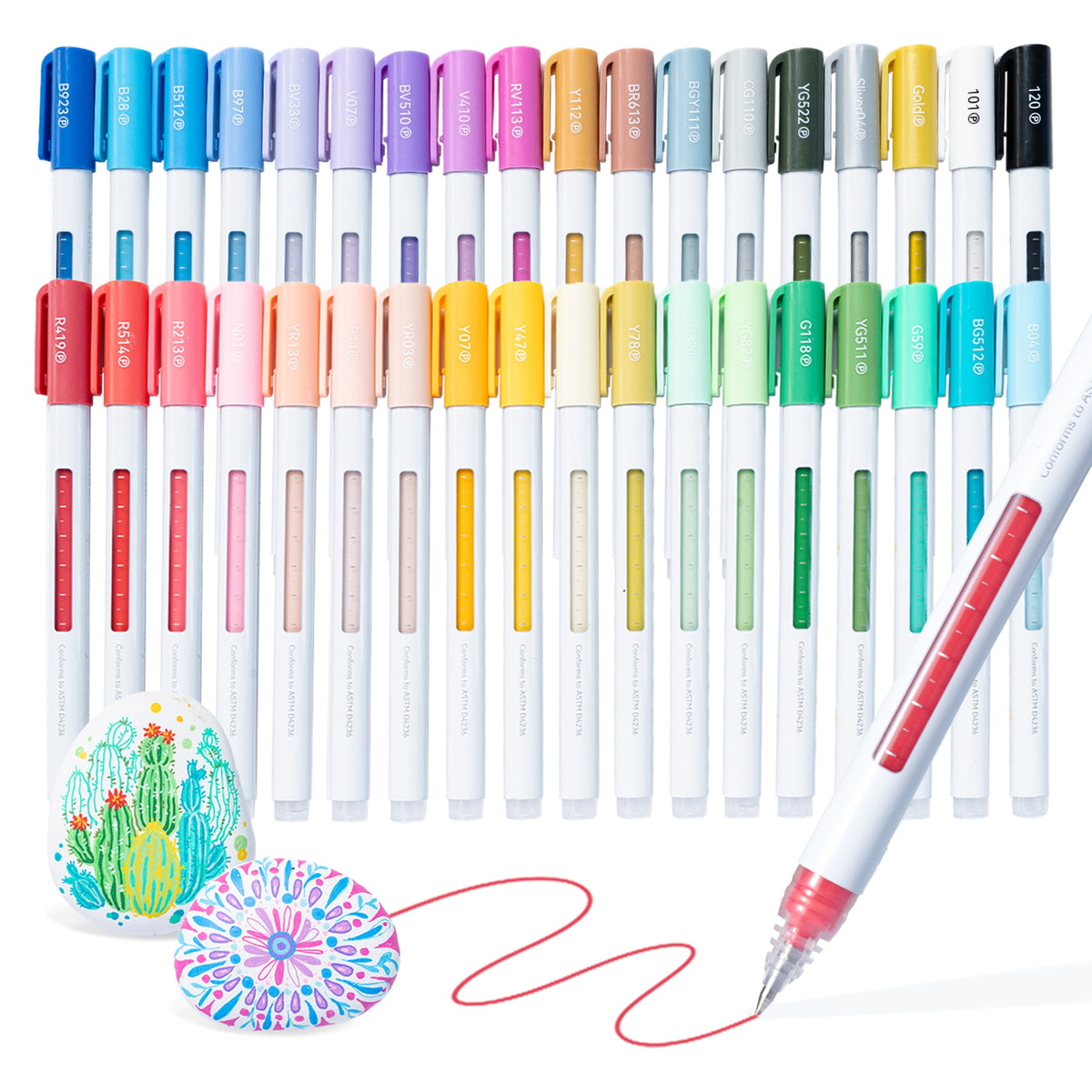 36 stylos gel acryliques Ohuhu Wai Momi à capuchons de couleur numérotés, avec des galets peints au stylo