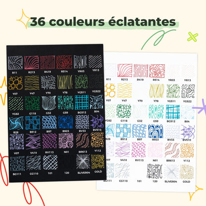Nuancier des 36 couleurs Ohuhu Wai Momi sur papier noir et sur papier blanc, dont or et argent