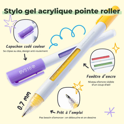 Stylo gel acrylique Ohuhu Wai Momi : capuchon codé couleur anti-roulement, fenêtre d'encre et pointe roller prête à l'emploi