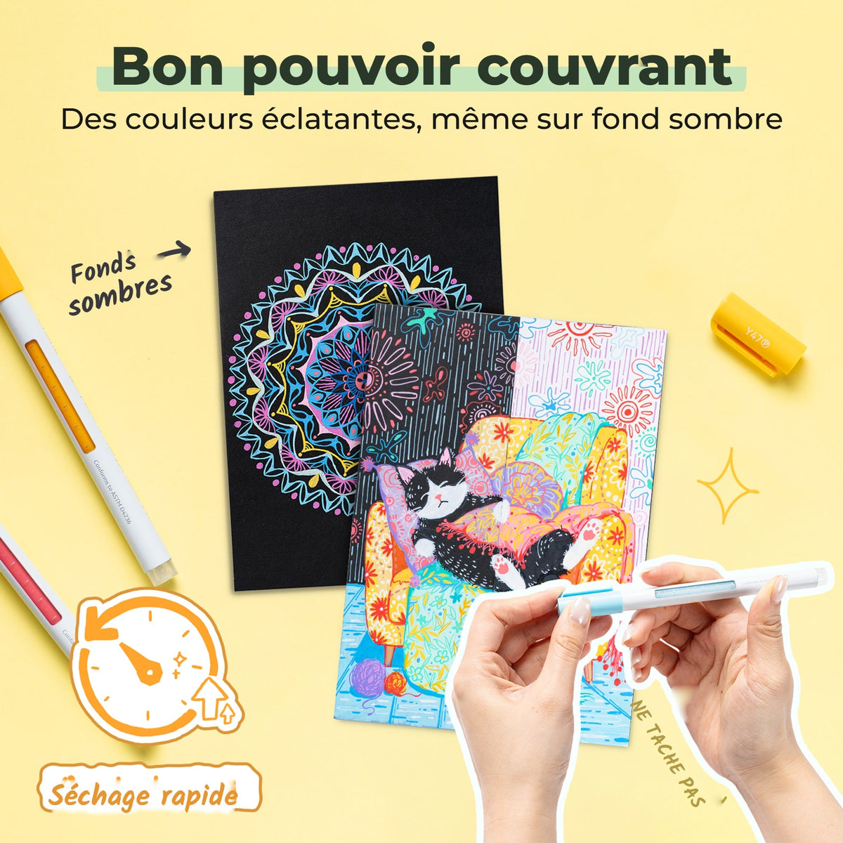 Mandala et chat dessinés au stylo acrylique Ohuhu Wai Momi sur papier noir : bon pouvoir couvrant et séchage rapide
